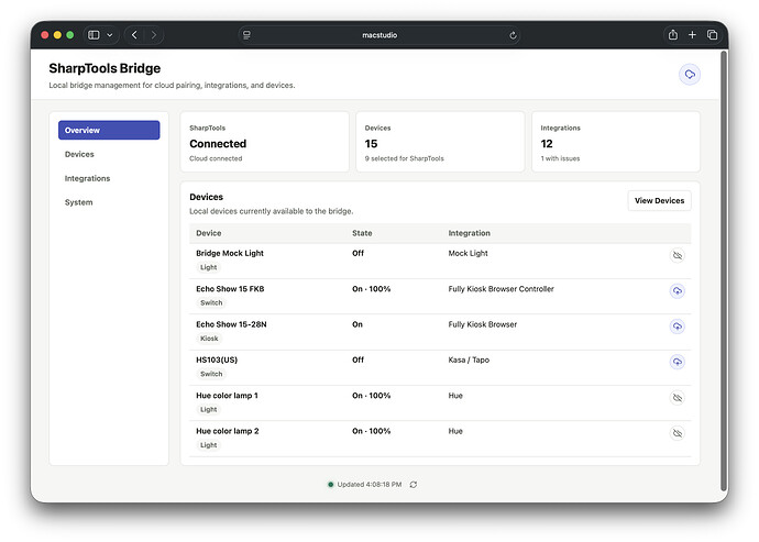 SharpTools Bridge Overview Screen